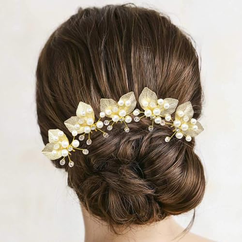 BETITETO Gold Pearl Wedding Hair Pins 5pcs - Crystal Leaf Bridal Hair Pieces