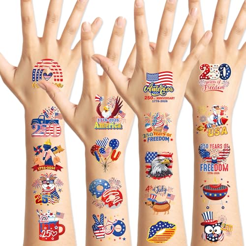 HOWAF 250th Anniversary Temporary Tattoos, 72pcs USA 1776-2026 Party Favors