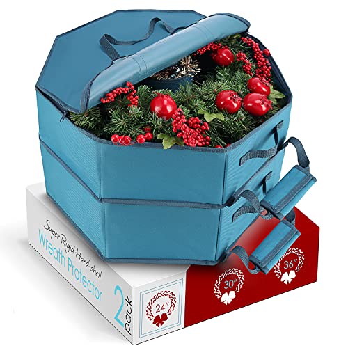 Blue 24-Inch Hard Shell Christmas Wreath Storage Container with Interior Pockets - Pack of 2