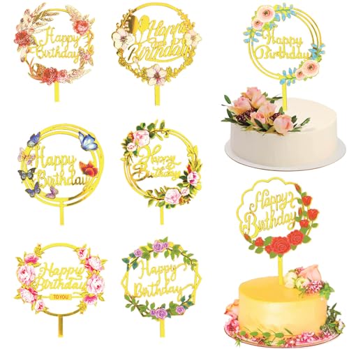 8-Piece Acrylic Flower Happy Birthday Cake Toppers Set