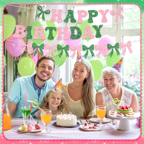 Pink and Green Bow Birthday Banner Garland - 3 Pre Strung Glitter Decorations