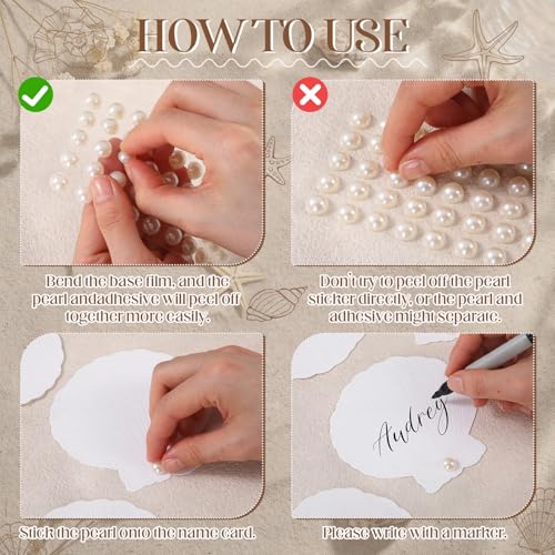 ForraFun 25 Sets Embossed Seashell Wedding Place Cards with Pearl Stickers - Beach Table Decoration
