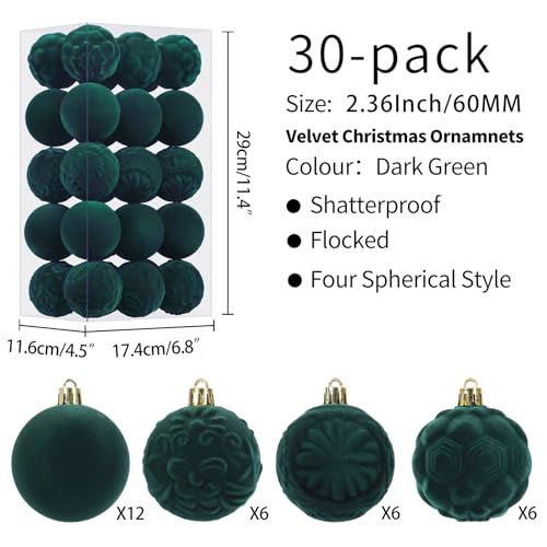 30pcs Dark Green Velvet Christmas Ornaments for Xmas Tree Decorations
