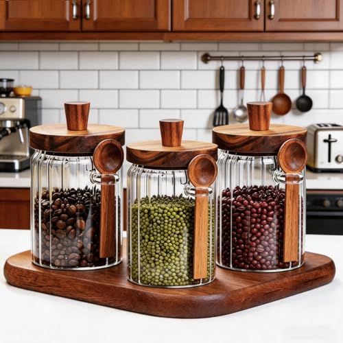 3DSKY 20.3 Oz Glass Coffee Canister with Wooden Lid and Matching Spoon
