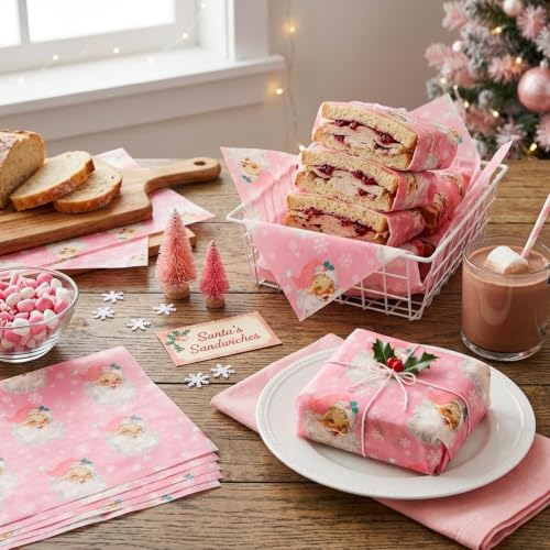 Pink Santa Deli Paper Sheets for Food Wrapping - Christmas Party Supplies, 150 Pack