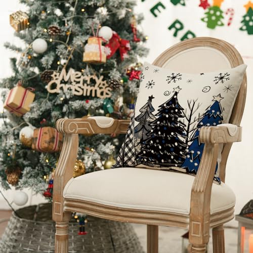 Merry Christmas Blue & Black Throw Pillow Covers - Set of 4, 18x18 Inch