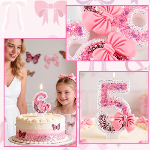 Pink Bow Number 2 Birthday Candle Glitter Cake Topper for Girls Party
