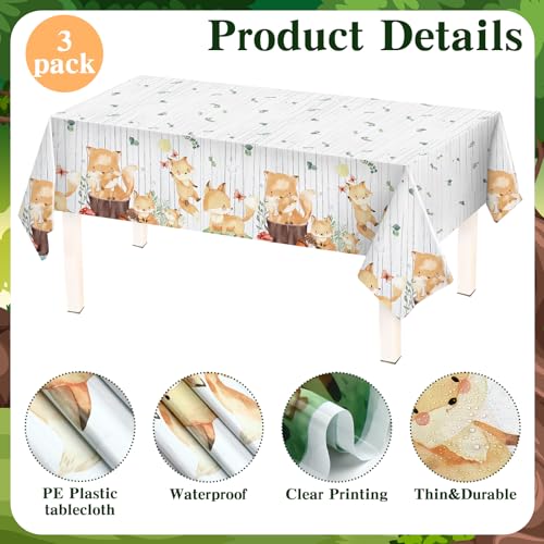 Woodland Animals Tablecloth Set - 3 Pcs Disposable Fox Decor 51x86.6"