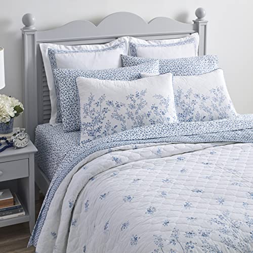 Laura Ashley Home - Queen Quilt Set, Reversible Cotton Bedding with Matching Shams, Pre-Washed Home Decor for Added Softness (Flora Blue, Queen)