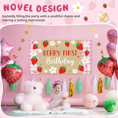 Berry First Birthday Banner - Pink Strawberry 1st Birthday Backdrop for Girls
