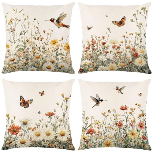 Wyooxoo Spring 18x18 Inch Set of 4 Farmhouse Floral Bird Pillow Covers for Sofa, Outdoor & Bedroom Decor