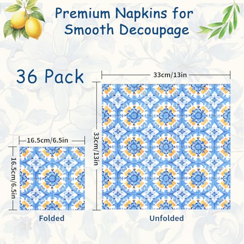Mediterranean Decoupage Napkins - 36pcs Italian Lemon Tile Designs