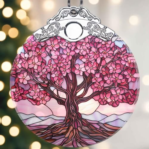 Pink Tree of Life Christmas Ornament Double-Sided Stained Glass Suncatcher - Pink Variation