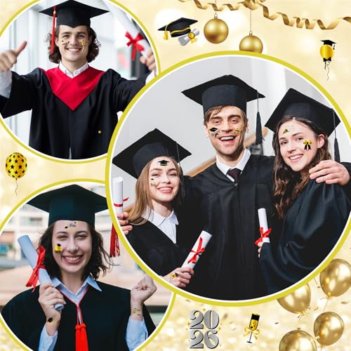 Konsait Class of 2026 Graduation Temporary Tattoos - 10 Sheets Black & Gold Party Favors