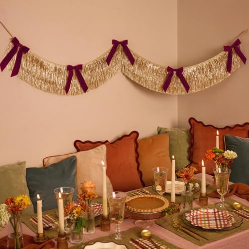 Gold Fringe Banner with Burgundy Velvet Bows - 6 Ft Party Decor