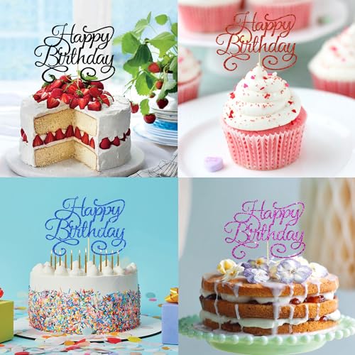 Happy Birthday Cake Topper - Black Glitter Decoration