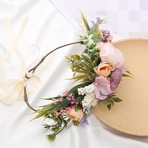 Floral Crown Rose Headband Adjustable Flower Halo for Wedding Party