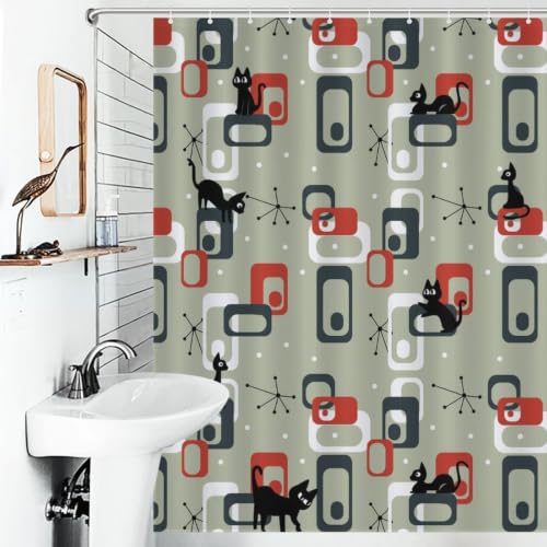 Mid Century Modern Cat Shower Curtain - Waterproof 72x72