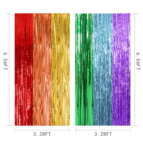 Rainbow Foil Fringe Curtains - 2 Pack Metallic Tinsel Party Backdrop