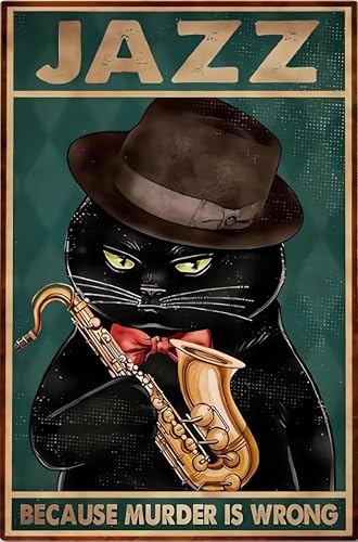 Cat Playing Clarinet Retro Metal Tin Sign Vintage Wall Art 8x12 Inch