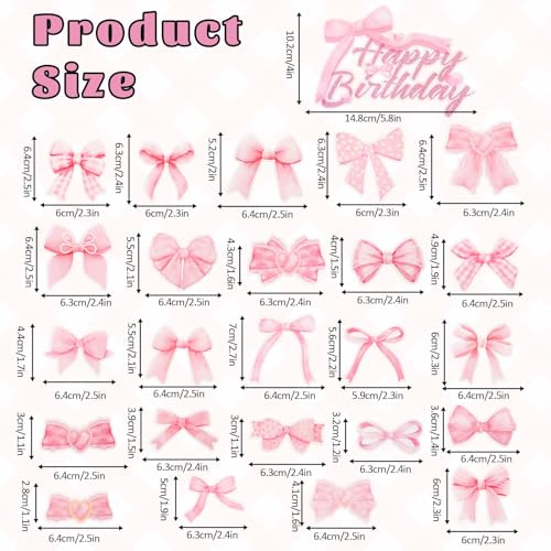 Pink Bow Happy Birthday Cake Topper Set - 25 Pcs Decorations