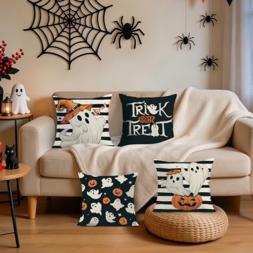 Bonhause Halloween Throw Pillow Covers Set of 4 - 18x18 Inch Ghost & Pumpkin Decor