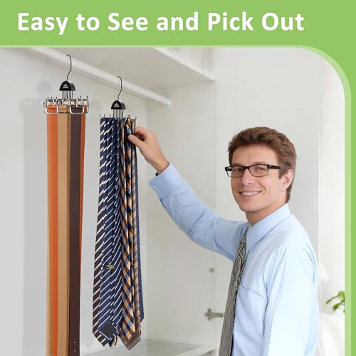2 Pack Tie and Belt Organizer with 360° Rotating Hooks - Space Saving Storage Solution