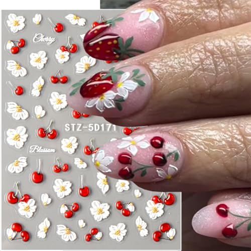 5D Flower Nail Stickers Embossed Cherry Floral Decals DIY Manicure 2 Sheets
