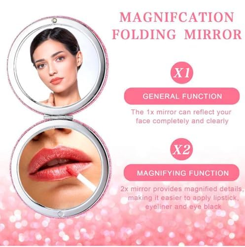 Purple Compact Pocket Makeup Mirror with 1X 2X Magnification