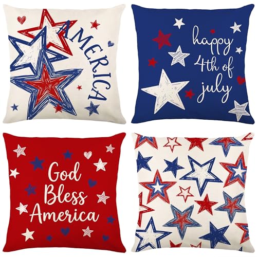 Honamonoy Patriotic Star Throw Pillow Covers 18x18 Inch Set of 4 - 4th of July & Independence Decor