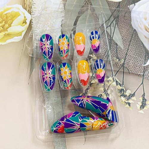 FIEONCIY Glossy Almond Press On Nails with Floral Designs and Charms