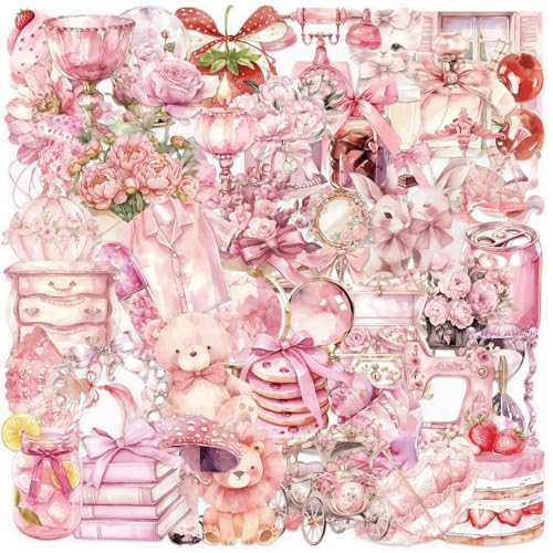 50 Waterproof Pink Aesthetic Stickers for Scrapbooking & Journaling