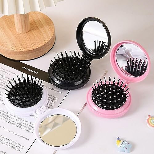 White Folding Hair Brush with Mirror - Portable Mini Travel Hairbrush