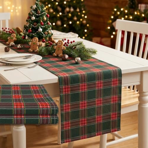 Christmas Plaid Table Runners Set - 72x13 Inch Scottish Tartan Holiday Decor - Green & Red