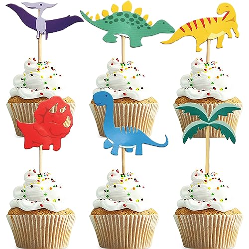 24 PCS Dinosaur Cupcake Toppers - Cute Dino Cake Decorations