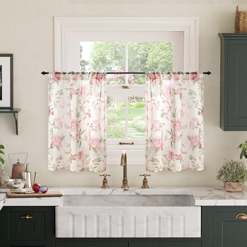 Lajode Pink Floral Semi-Sheer Cafe Curtains 30x36 Inch - 2 Panels