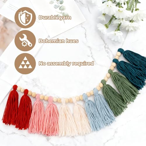 Boho Tassel Garland with Wood Beads - Colorful Wall Decor