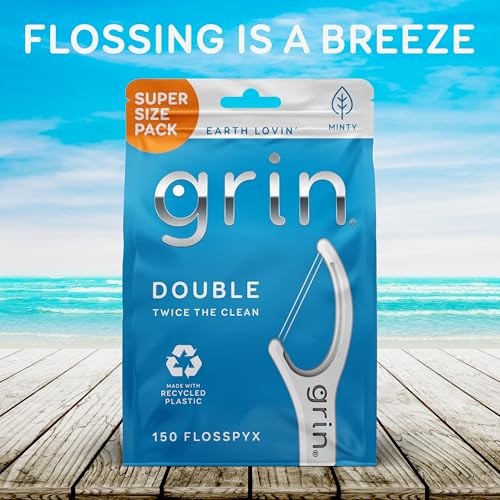 Grin Double Floss Picks, 150 Count, Mint Flavor, Recycled Plastic