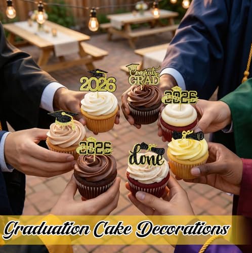 Graduation Cupcake Toppers 2026 - 36 Pcs Black & Gold Decor