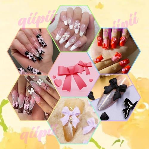 qiipii 3D Bow Nail Charms & Half Pearl Beads Set, 8-Color Kawaii Bowknot Art Supplies