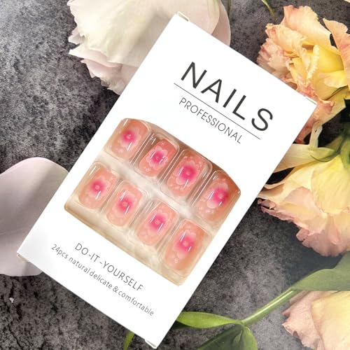 Pink Floral Press on Nails Medium Square Glossy Fake Nails 24Pcs