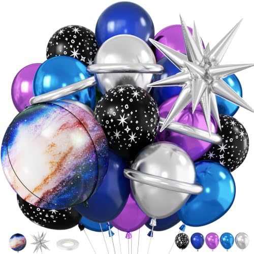 Galaxy Space Balloons Set - 35pcs Navy Blue Purple Silver Metallic Party Decorations