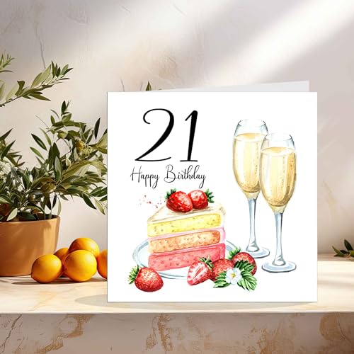 Elegant 21st Birthday Card for Women - Strawberries & Cake