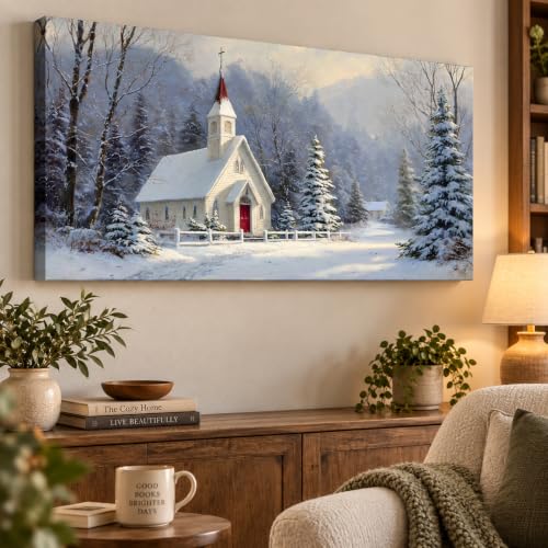 Winter Scene Canvas Wall Art - Snowy Landscape Rustic Church Christmas Decor - 24x32 Inches