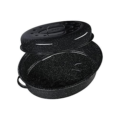 Granite Ware 19-Inch Covered Oval Roaster, 20 Lb Capacity - Enamel Steel Cookware, Dishwasher Safe & PFOA-Free, Even Heat Distribution for Roasting Poultry, Meat, or Vegetables (Speckled Black)