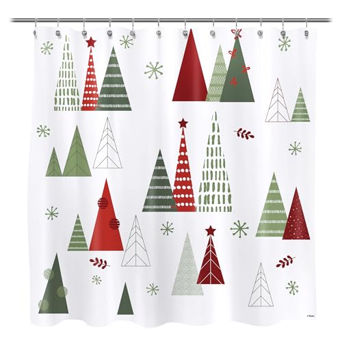 Sunlit Geometric Christmas Tree Shower Curtain, 71x71 Inch Red/Green Xmas Bath