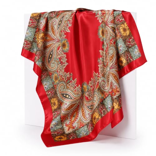 HinyBoeh 35 Inch Boho Satin Silk Square Scarf for Women Hair Wrap