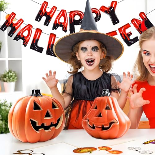 Happy Halloween Foil Balloons Banner - 16 Inch Black and Red Party Decor