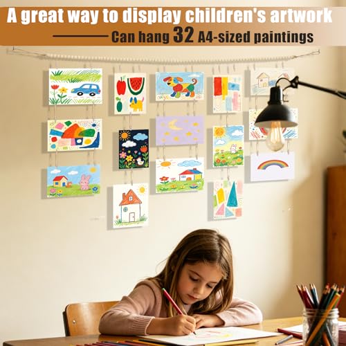 Kids Art Wall Display with 36 Wooden Clips 67-Inch Hanging Gallery for Photos & Artwork
