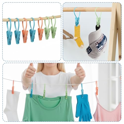 24 Pack Plastic Clothes Pins with Rope - Multicolor Windproof Clothesline Clips for Laundry & Organization